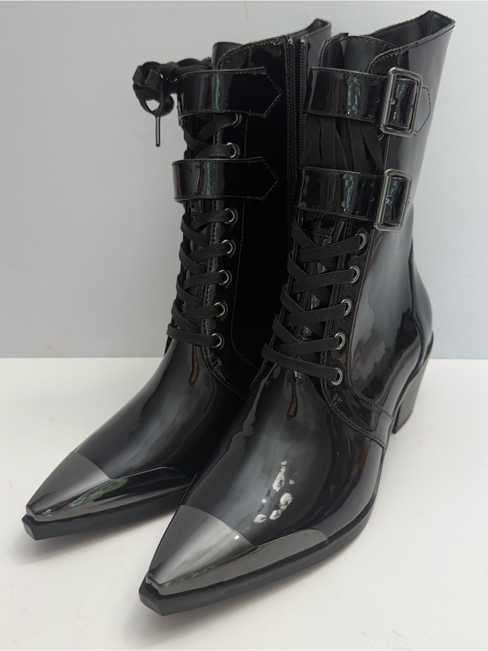 KILLSTAR Dark Sin Boots Womens 8 Black Patent Pointed Toe Buckle Goth Punk New - Picture 3 of 16